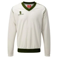 Mens Fleece Lined Sweater / Sports / Cricket (White/ Green Trim)