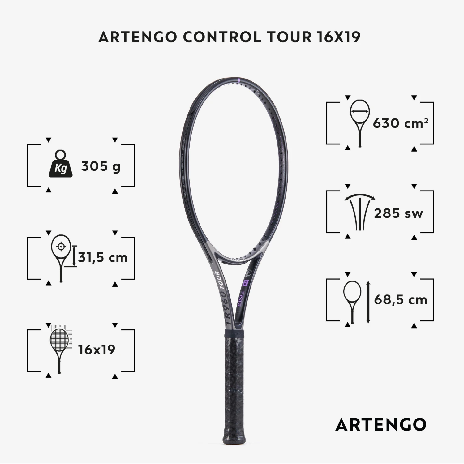 Artengo Adult Tennis Racket Control Tour TR960 16x19 Unstrung - Image 2